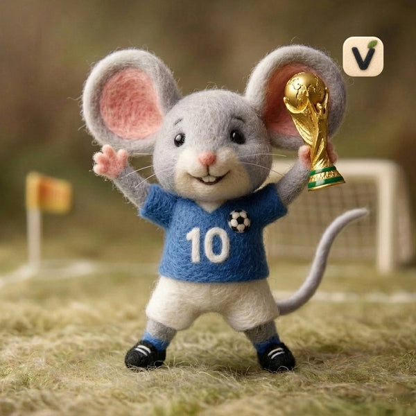 Handmade Wool Felt No.10 Blue Jersey World Cup Champion Mouse Figurine – Football Sports Decor