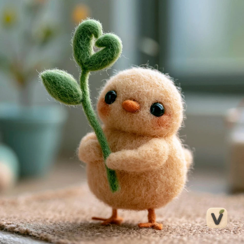 Handmade Wool Felt Fluffy Chick Holding Heart-shaped Sprout – Fresh Desktop Ornament