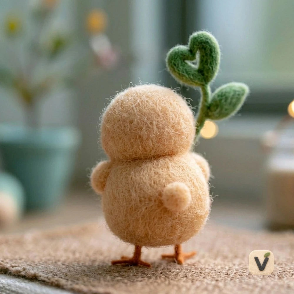 Handmade Wool Felt Fluffy Chick Holding Heart-shaped Sprout – Fresh Desktop Ornament