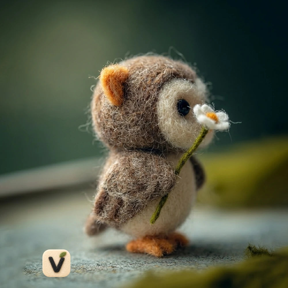 Handmade Wool Felt Little Owl Figurine with White Daisy Flower – Forest Animal Desktop Decor