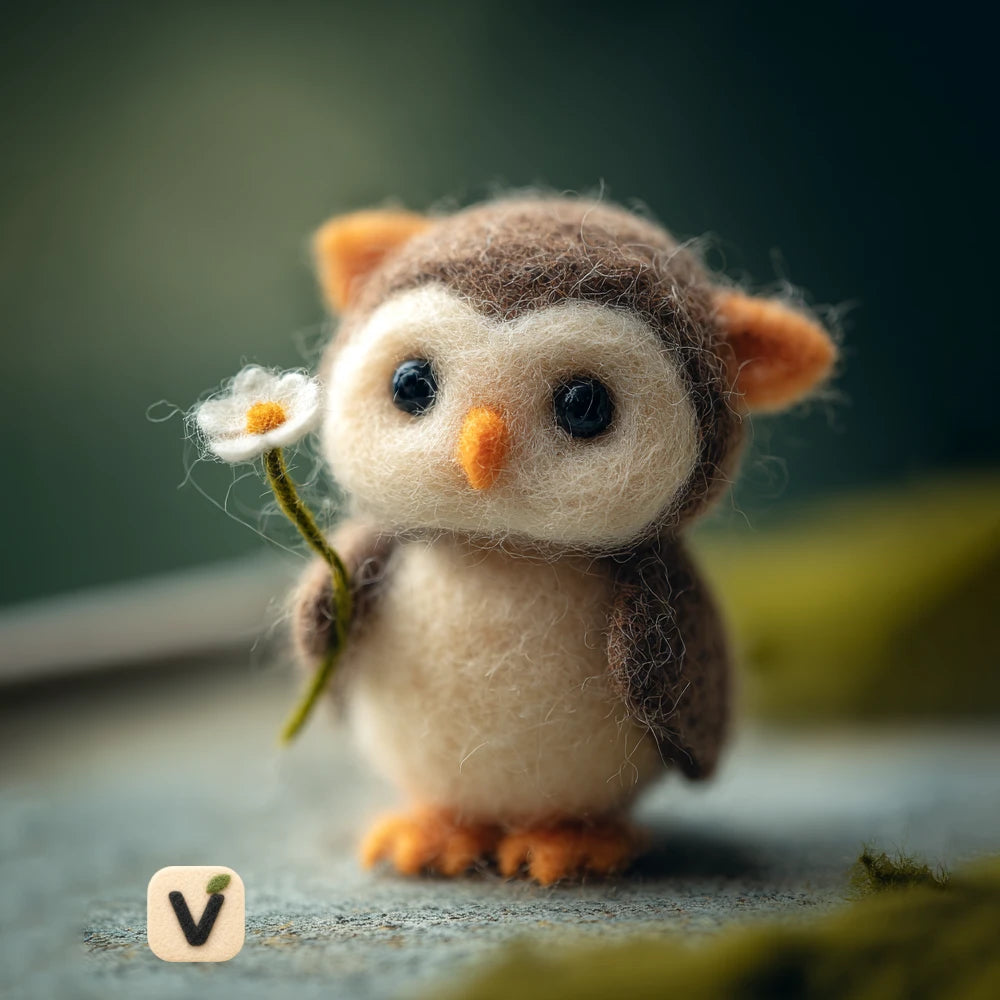 Handmade Wool Felt Little Owl Figurine with White Daisy Flower – Forest Animal Desktop Decor