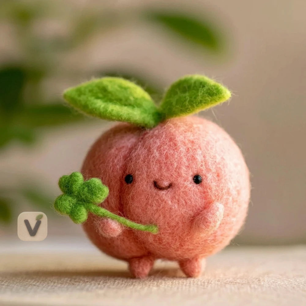 Handmade Wool Felt Cute Peach Figurine with Four-Leaf Clover – Kawaii Fruit Desktop Ornament