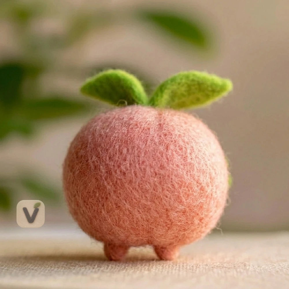 Handmade Wool Felt Cute Peach Figurine with Four-Leaf Clover – Kawaii Fruit Desktop Ornament