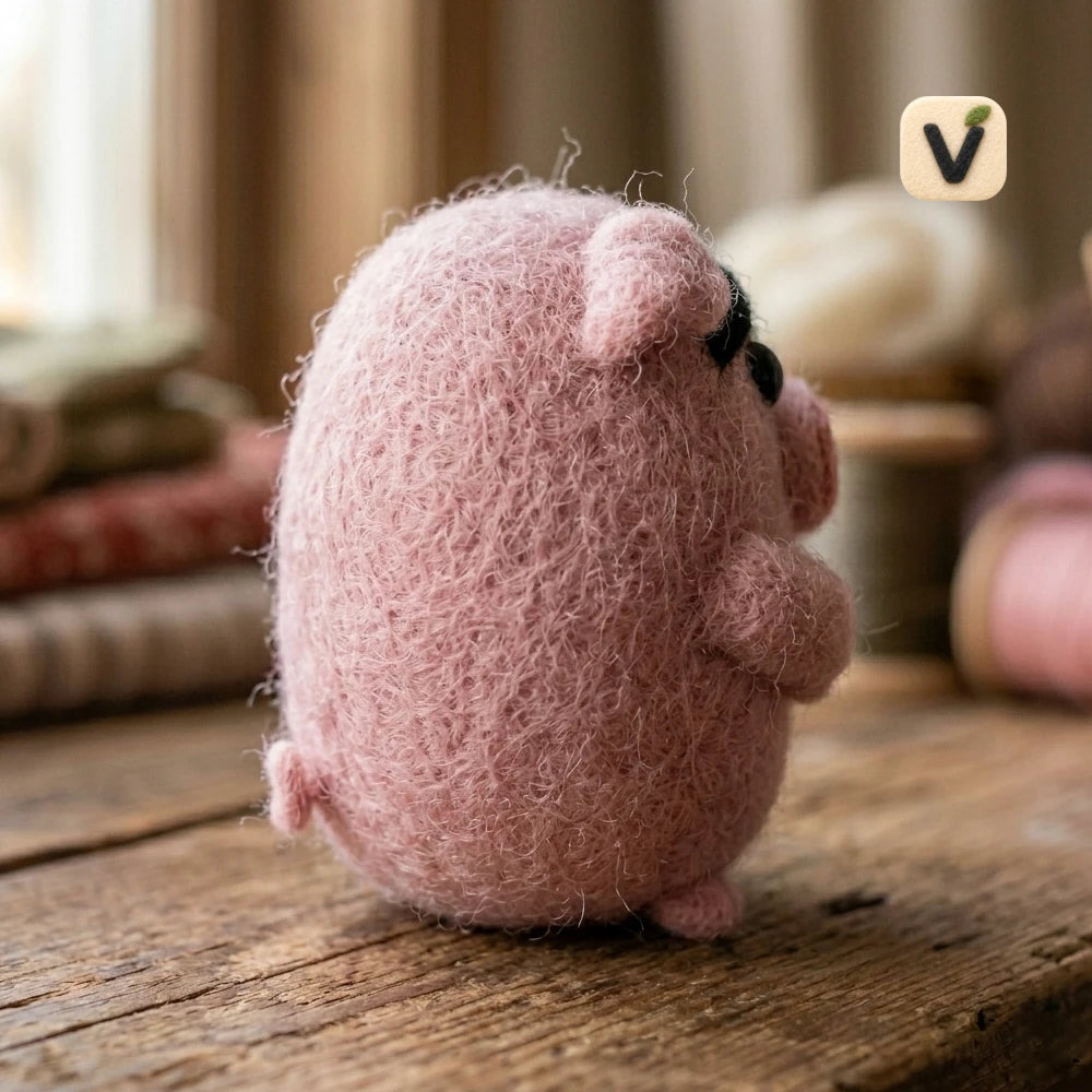 Handmade Wool Felt Chubby Pink Pig Figurine with Thick Black Eyebrows – Cute Farm Animal Decor