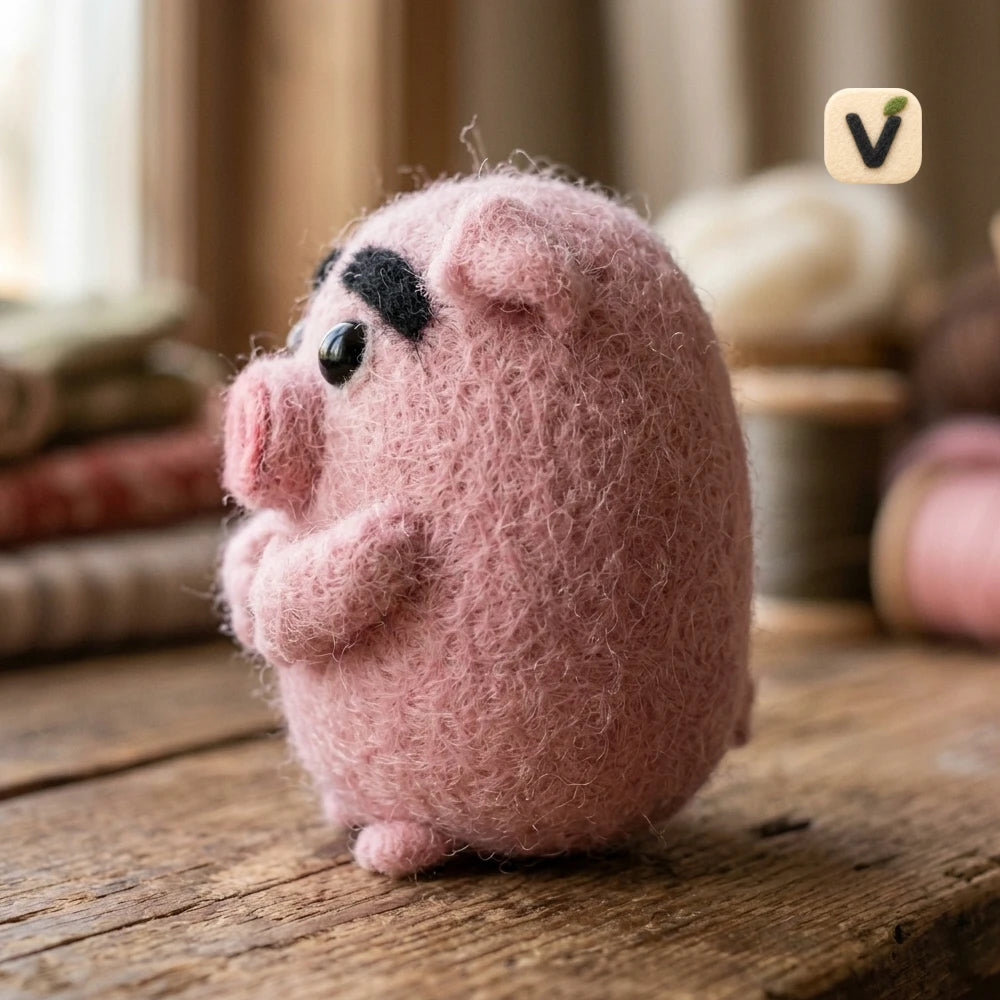 Handmade Wool Felt Chubby Pink Pig Figurine with Thick Black Eyebrows – Cute Farm Animal Decor