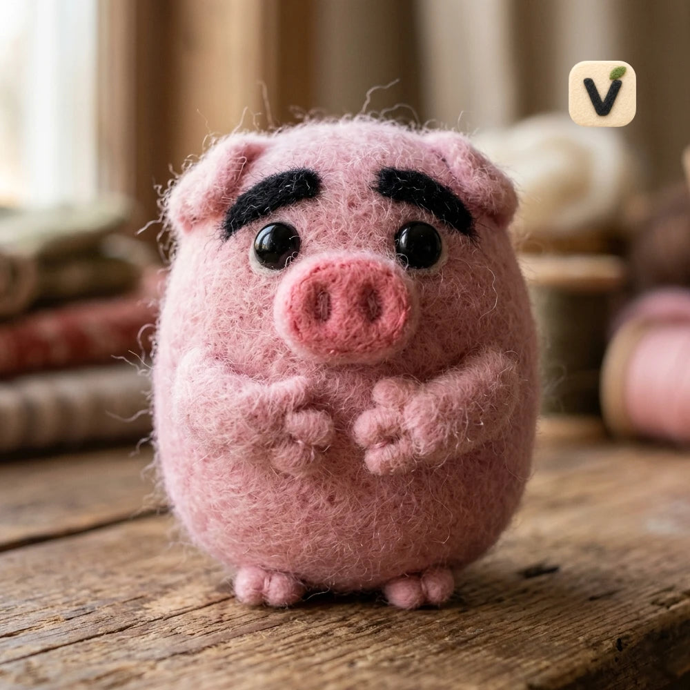 Handmade Wool Felt Chubby Pink Pig Figurine with Thick Black Eyebrows – Cute Farm Animal Decor