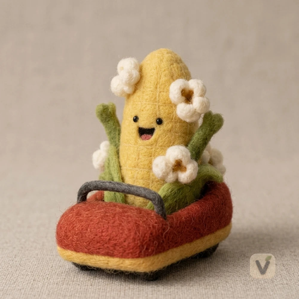 Handmade Wool Felt Cheerful Corn Character Driving Mini Car – Whimsical Vegetable Desktop Ornament