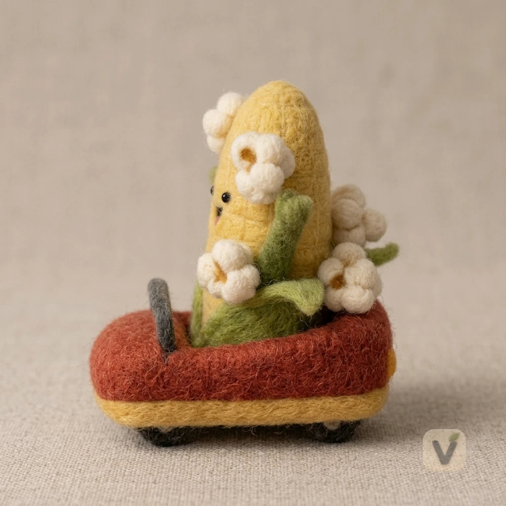 Handmade Wool Felt Cheerful Corn Character Driving Mini Car – Whimsical Vegetable Desktop Ornament