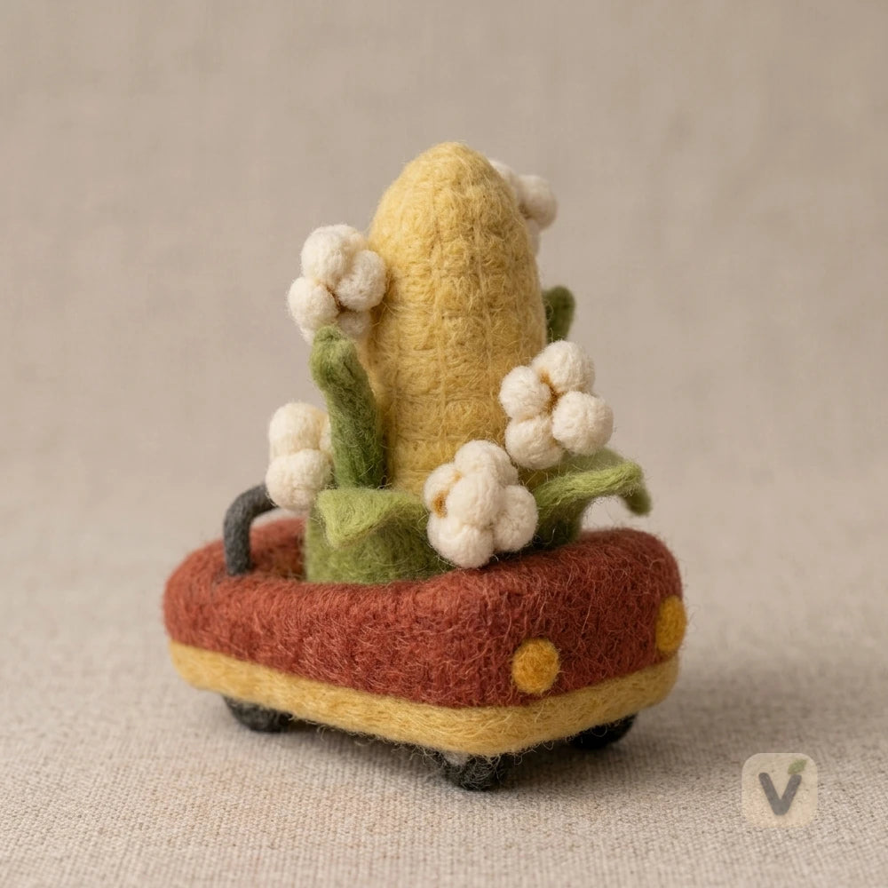 Handmade Wool Felt Cheerful Corn Character Driving Mini Car – Whimsical Vegetable Desktop Ornament