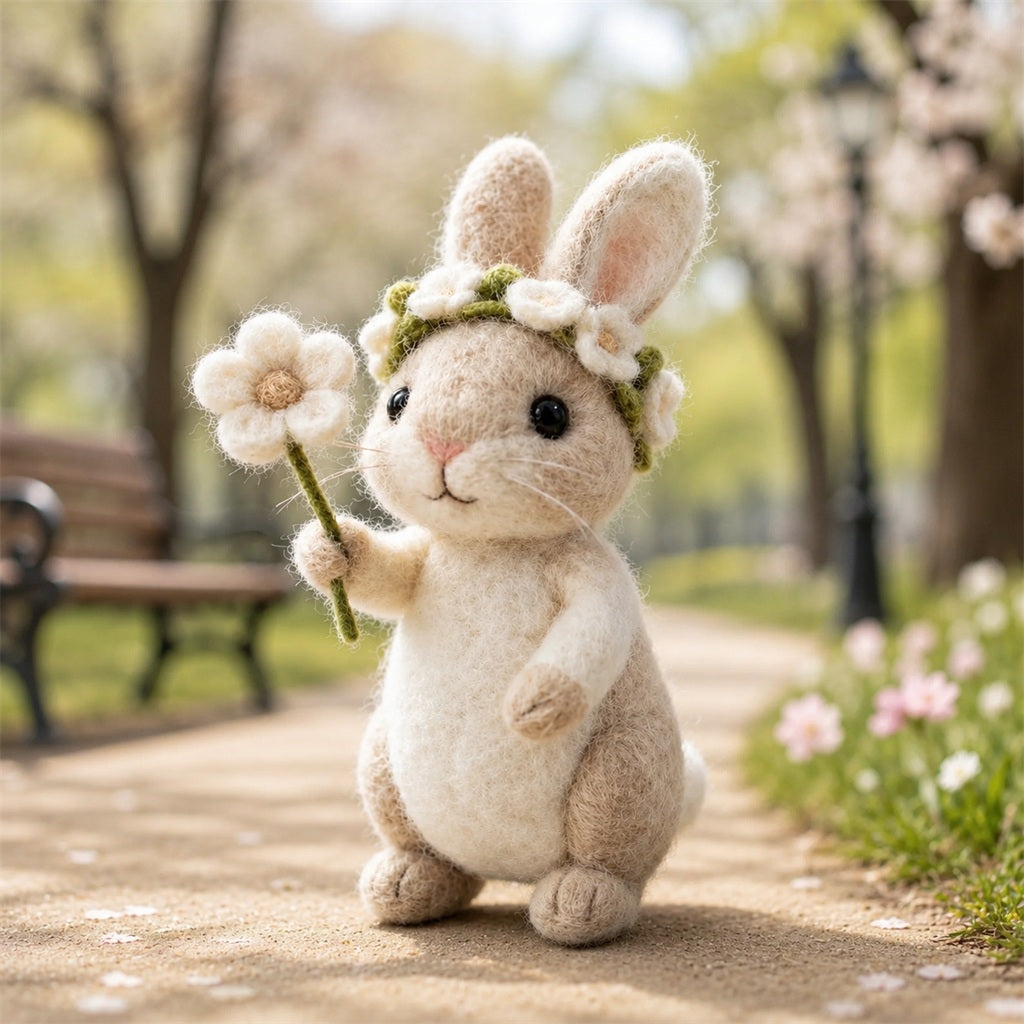 Handmade Wool Felt Bunny with Flower Crown & Daisy Figurine – Cute Spring Decor