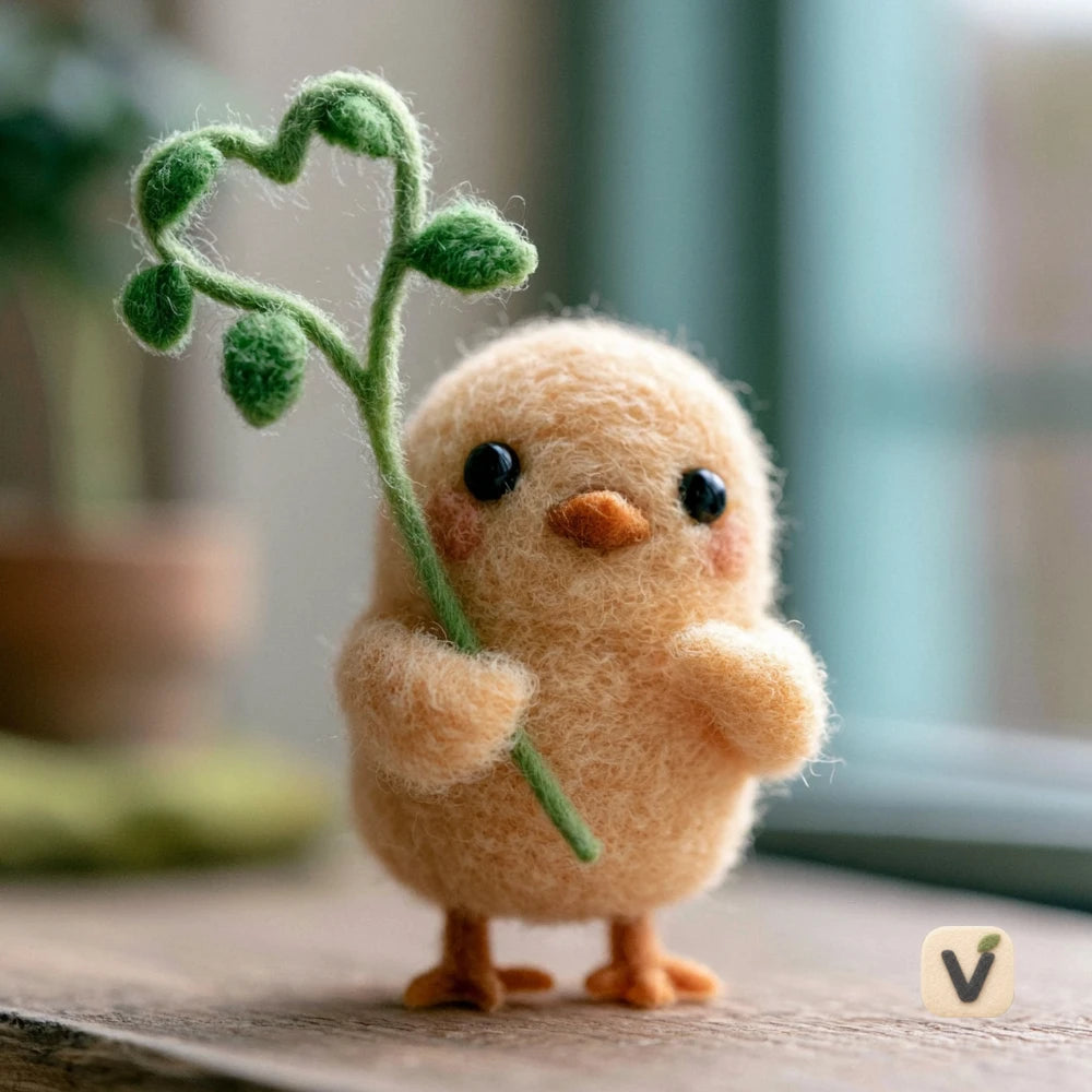 Handmade Wool Felt Fluffy Chick Holding Heart-shaped Sprout – Fresh Desktop Ornament