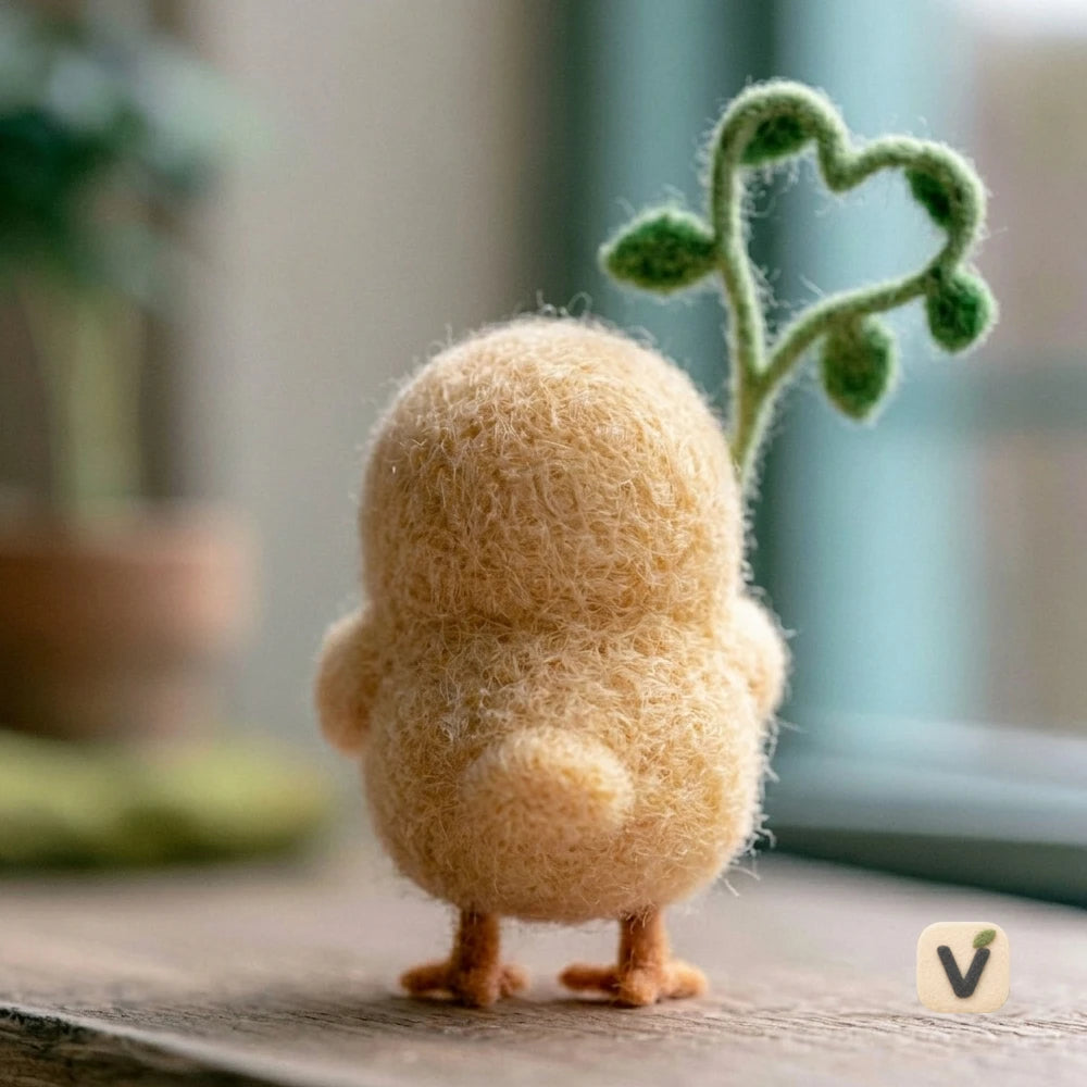 Handmade Wool Felt Fluffy Chick Holding Heart-shaped Sprout – Fresh Desktop Ornament
