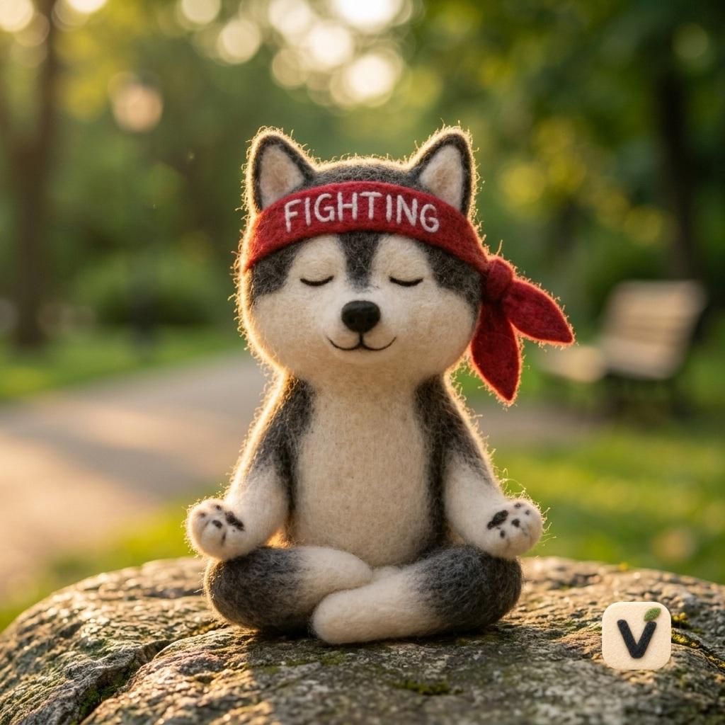 Handmade Wool Felt Meditating Husky Figurine – "Fighting" Motivational Decor