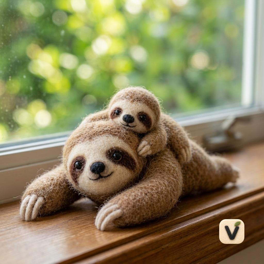 Handmade Wool Felt Mother and Baby Sloth Figurine – Cute Family Decor