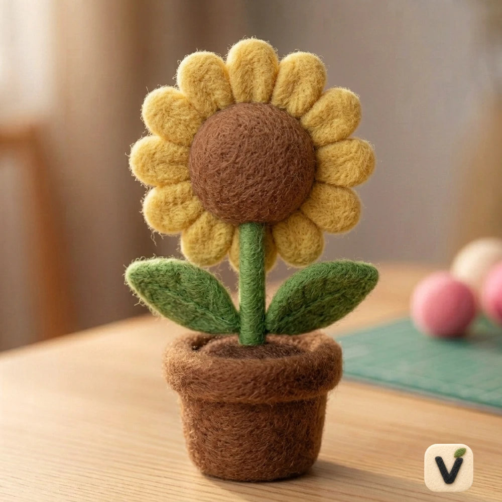 Handmade Wool Felt Cute Smiling Sunflower Potted Figurine – Kawaii Mini Floral Desktop Decor