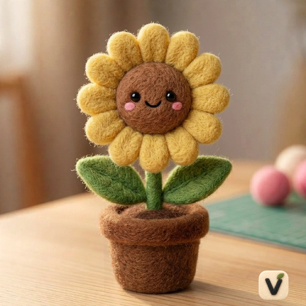 Handmade Wool Felt Cute Smiling Sunflower Potted Figurine – Kawaii Mini Floral Desktop Decor