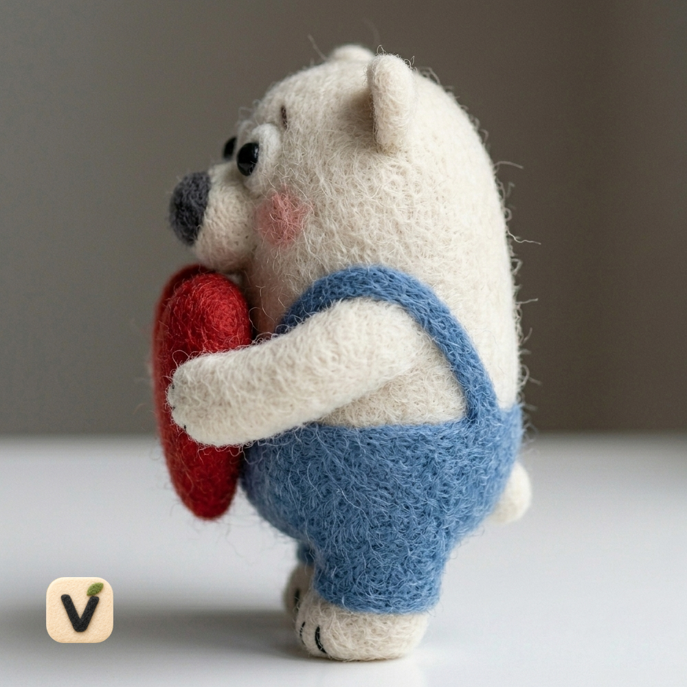 Handmade Wool Felt Chubby Polar Bear Holding Red Heart Figurine – Sweet Love & Valentine Decor