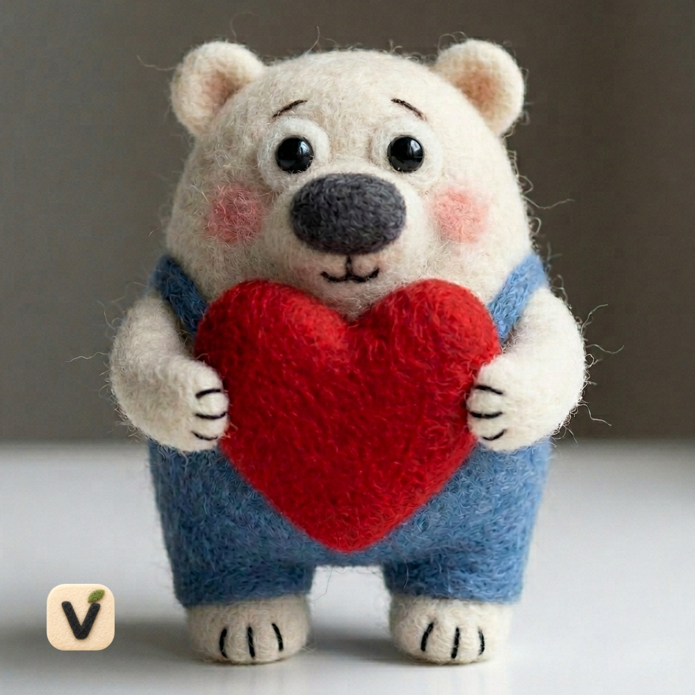 Handmade Wool Felt Chubby Polar Bear Holding Red Heart Figurine – Sweet Love & Valentine Decor
