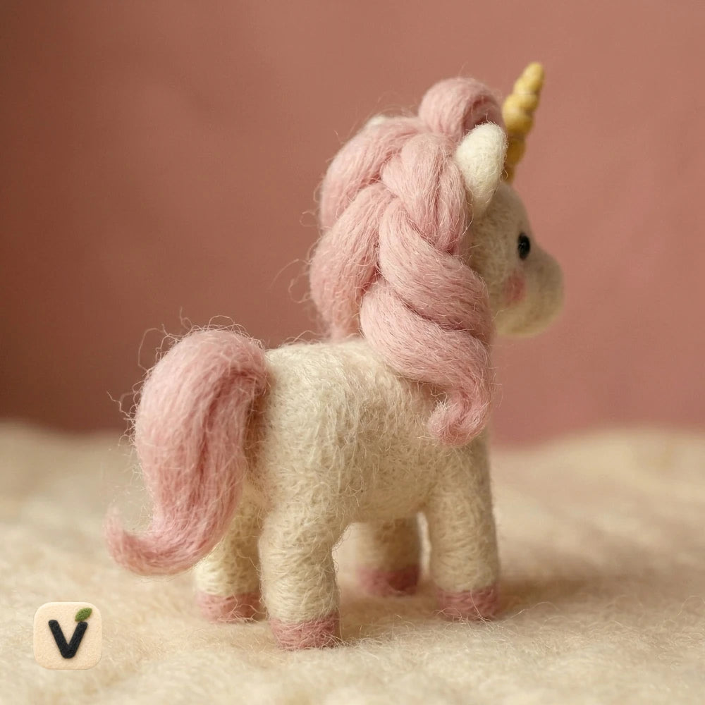 Handmade Wool Felt Pink Mane Unicorn Figurine with Golden Horn – Magical Fantasy Nursery Decor
