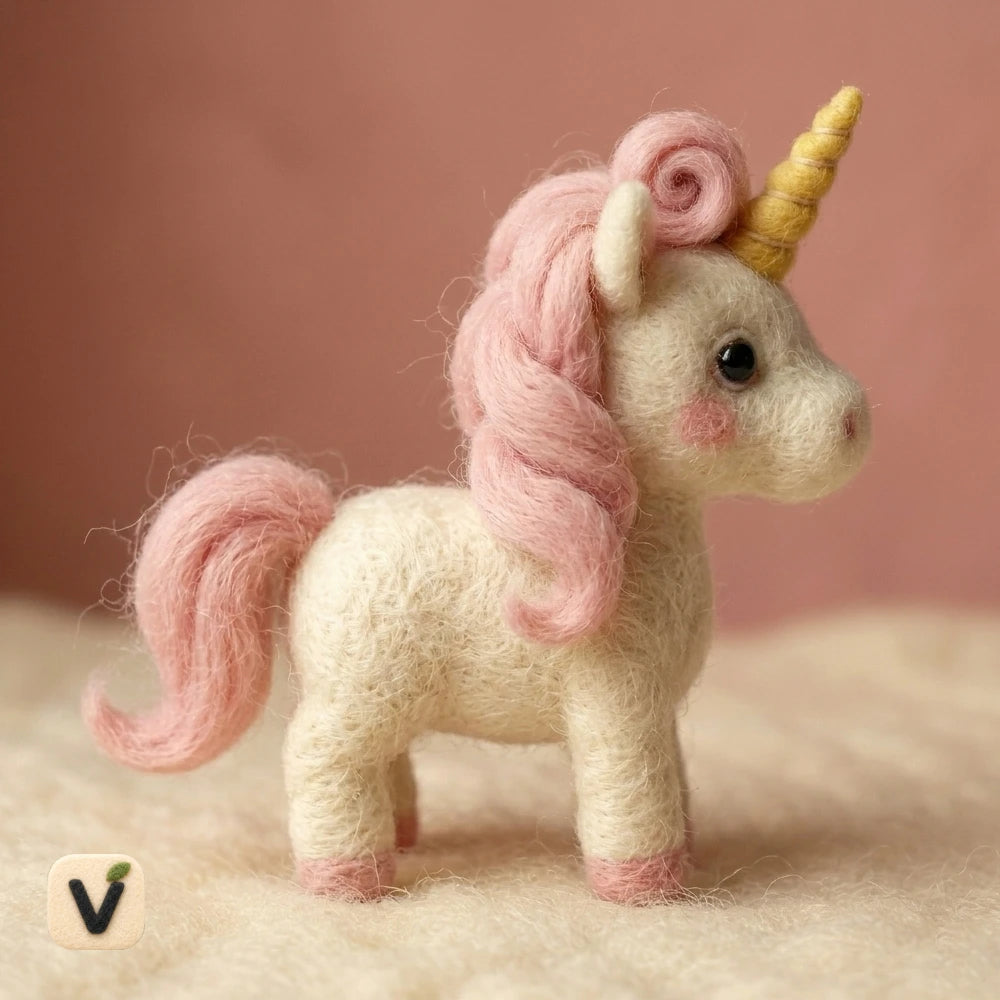 Handmade Wool Felt Pink Mane Unicorn Figurine with Golden Horn – Magical Fantasy Nursery Decor