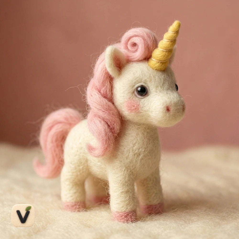 Handmade Wool Felt Pink Mane Unicorn Figurine with Golden Horn – Magical Fantasy Nursery Decor